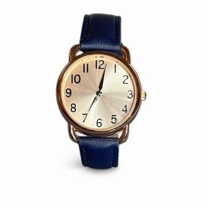 Analog Quartz Watch Blue Leather Band Gold Tone Case Round Face Numeric Dial